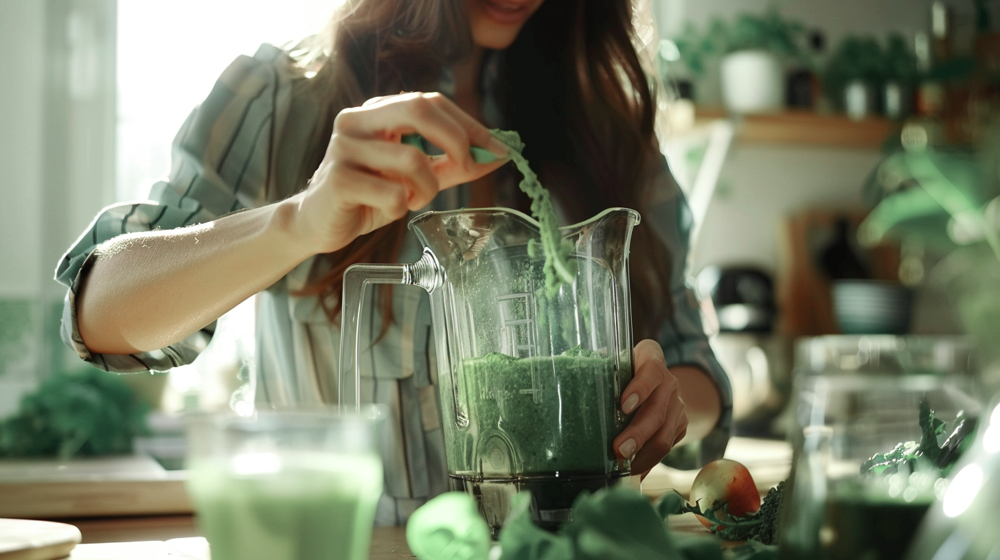 A woman in the kitchen blends a green smoothie, incorporating greens powder into the mix