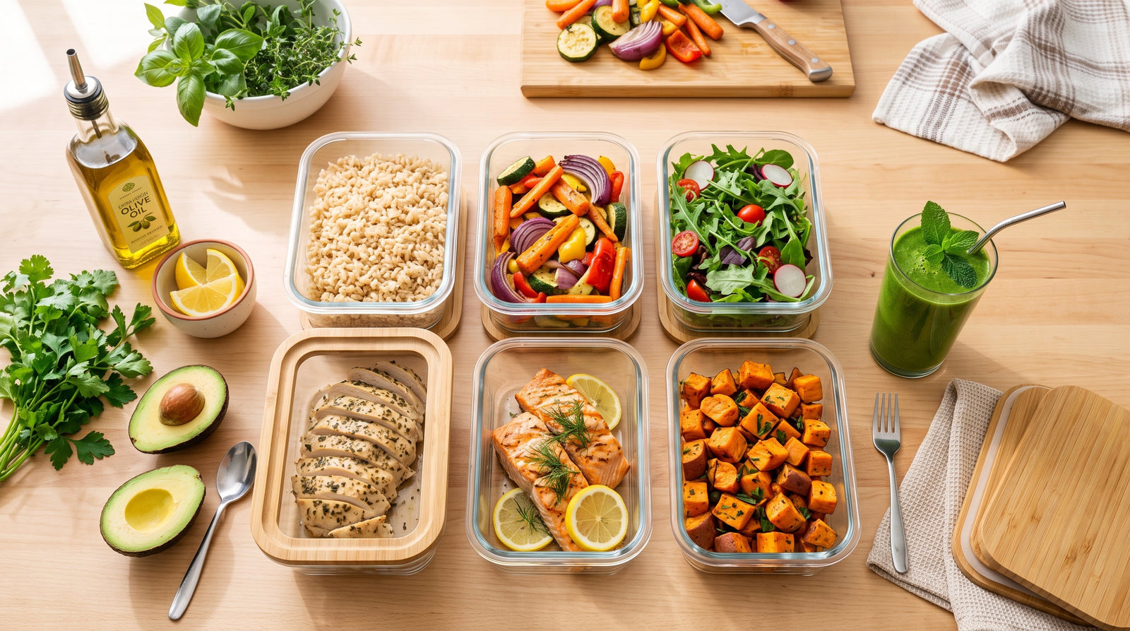A bright, top-down kitchen counter display featuring glass meal prep containers filled with brown rice, roasted vegetables, leafy salad greens, sliced chicken breast, grilled salmon, and roasted sweet potatoes, accompanied by a fresh green drink.