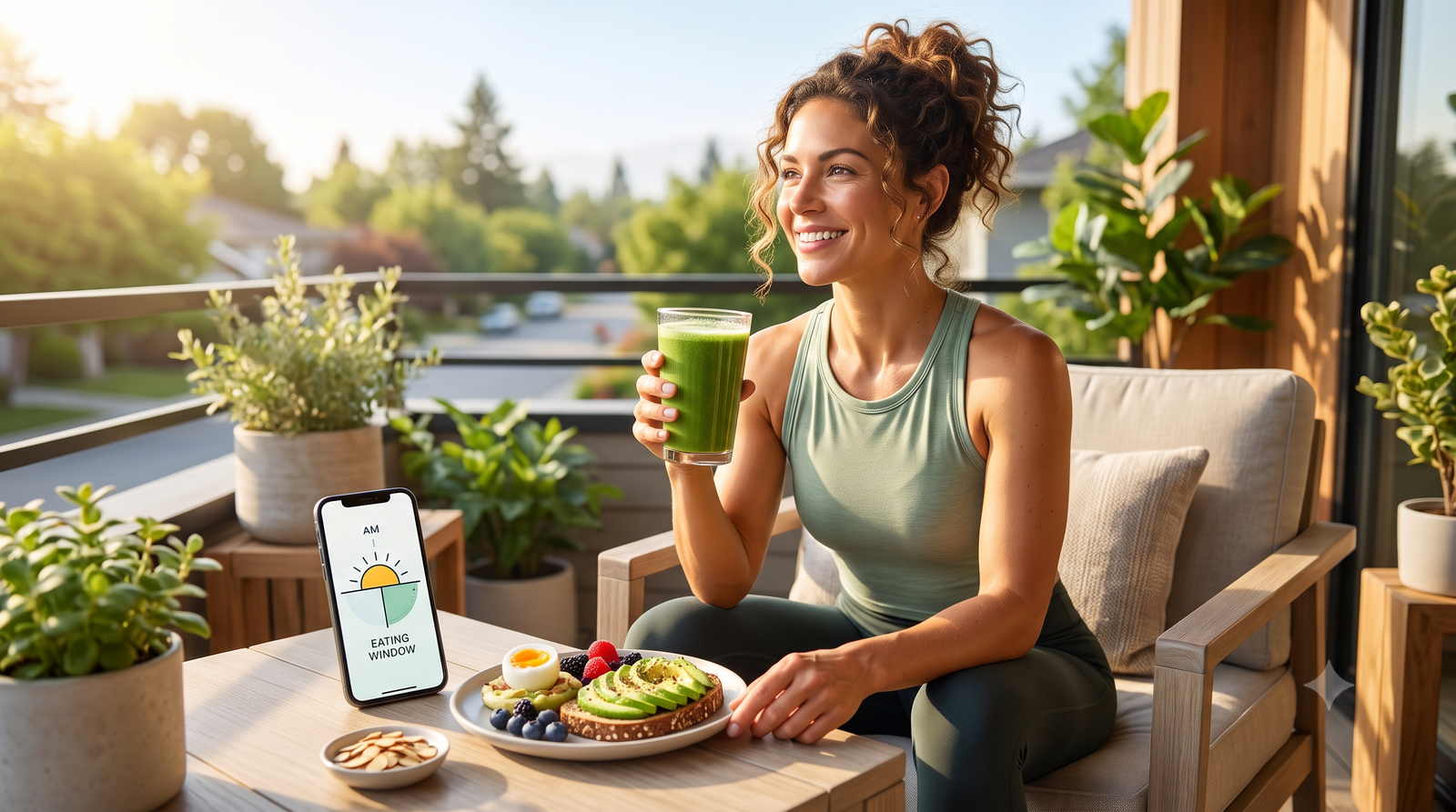 A woman sits on a sunny balcony enjoying a green drink alongside a healthy breakfast and a smartphone displaying a meal-timing app.
