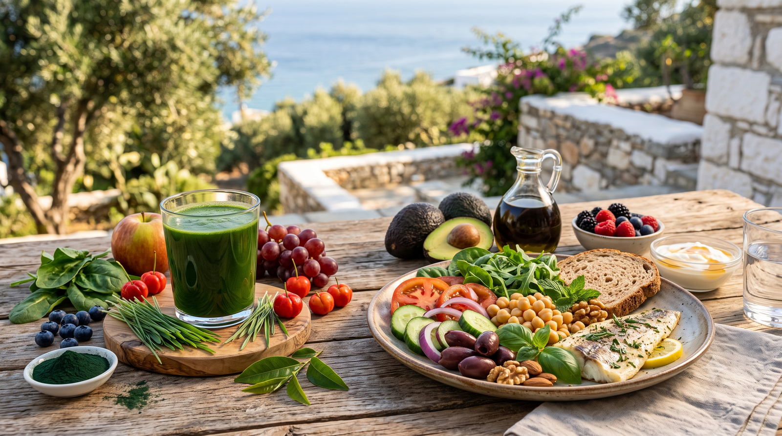 A beautifully arranged Mediterranean meal of fresh vegetables, fish, whole grains, and olive oil sits on a rustic outdoor table overlooking the sea, complemented by a glass of super greens drink to highlight balanced whole-food nutrition.