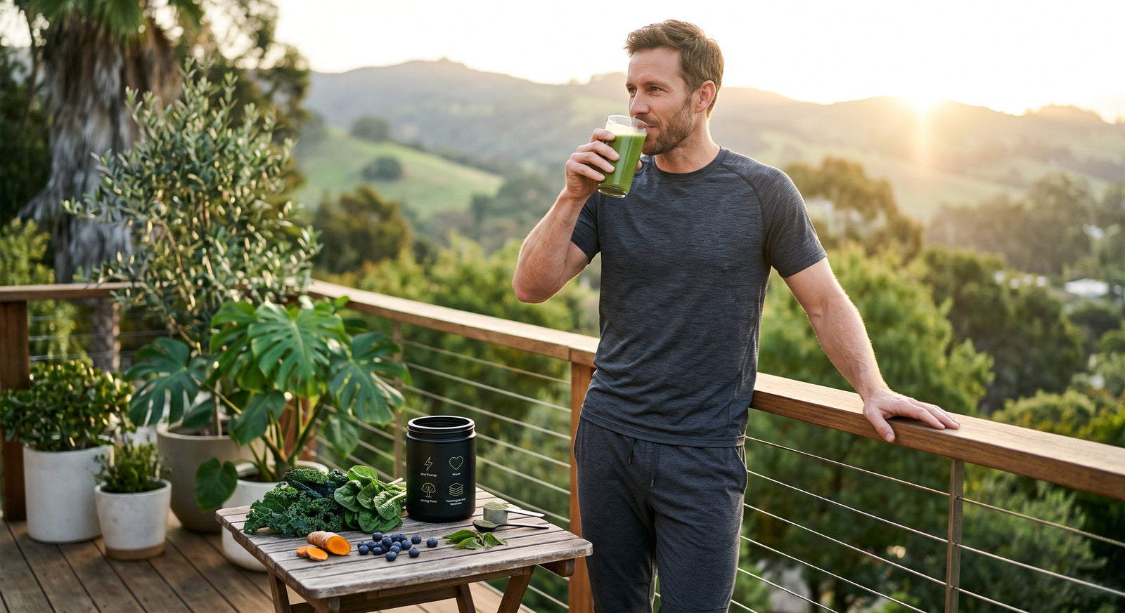 A fit man in athletic wear drinks a green superfood smoothie on a scenic outdoor balcony beside fresh leafy greens, berries, and a plant powder tub.