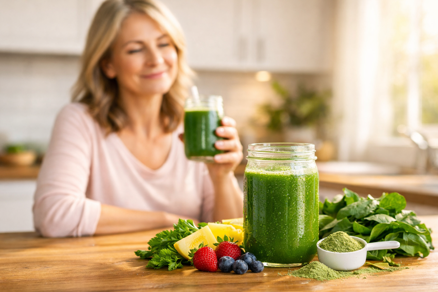 A middle-aged woman smiles gently in a sunlit kitchen while holding a green super greens drink, with a mason jar of vibrant green powder, fresh fruits, and leafy greens in the foreground.