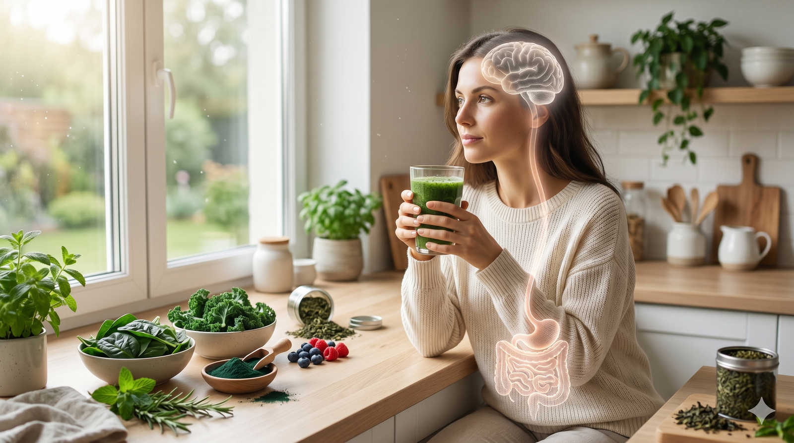 A peaceful person sits by a sunlit window holding a green drink, featuring a subtle visual overlay of the brain-gut connection and surrounded by fresh greens and berries in a modern kitchen.