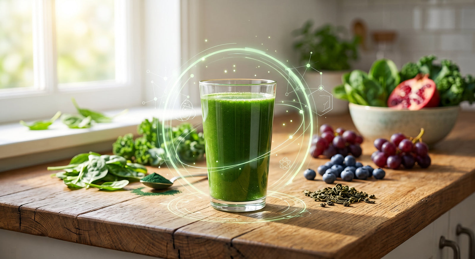 A glass of super greens drink rests on a sunny wooden countertop, surrounded by fresh ingredients like kale, blueberries, grapes, and green tea leaves with a glowing, scientific overlay illustrating cellular health.