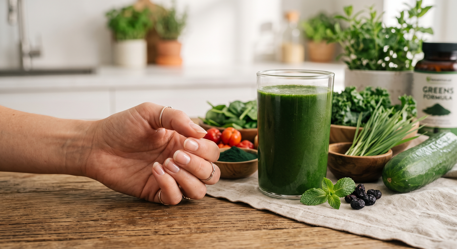 A stylized glass jar with a label reading "Spirulina, Acerola C, B-Vitamins" and "THE NAIL HEALTH SYNERGY" stands next to a tall glass of vibrant green smoothie on a reflective white kitchen counter.
