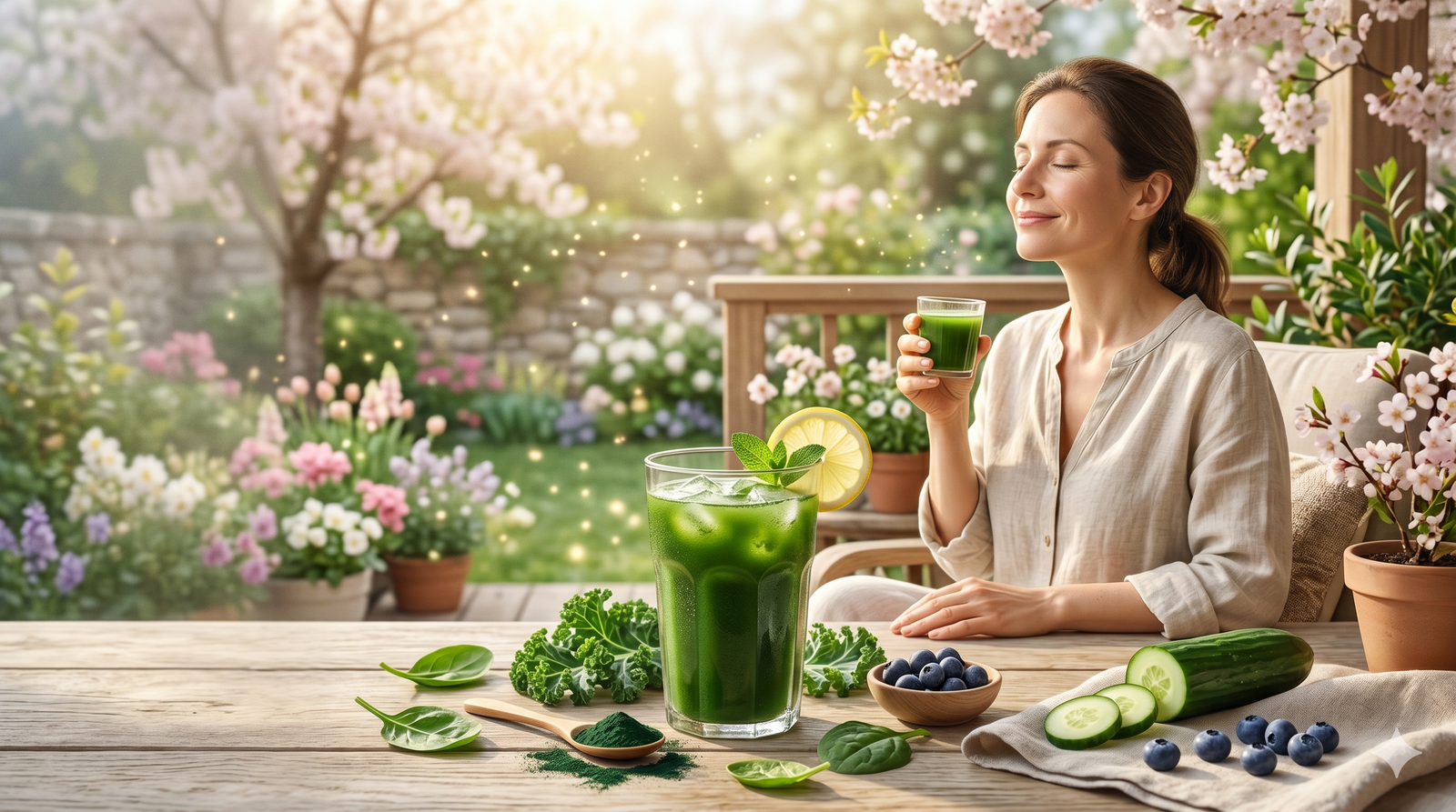 A woman sits in a sunlit garden, smiling with closed eyes, surrounded by flowering trees and fresh ingredients like leafy greens and blueberries on a wooden table.