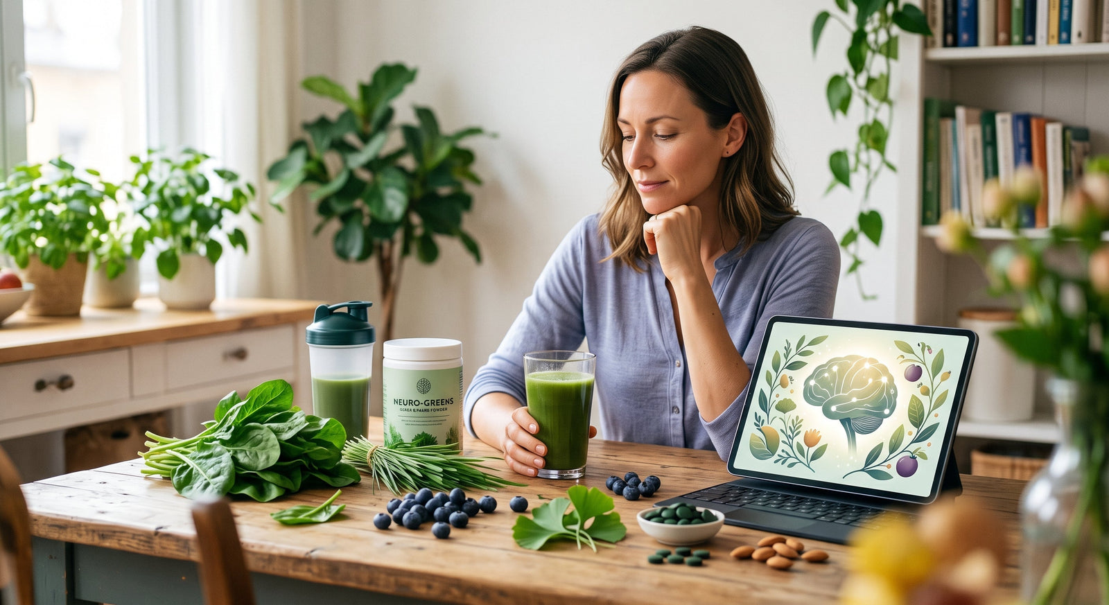 A thoughtful woman sits at a sunlit wooden table enjoying a glass of green juice alongside fresh spinach, blueberries, ginkgo leaves, and a digital tablet displaying an artistic illustration of a glowing brain.