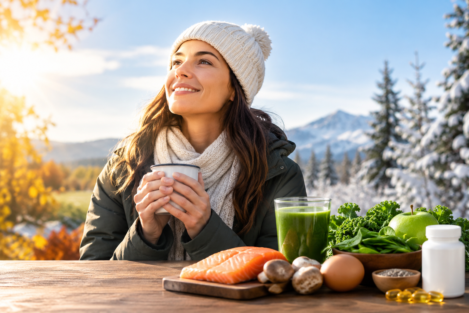 A woman in a cozy winter outfit enjoys a warm drink outdoors beside a green smoothie, leafy greens, salmon, eggs, and vitamin supplements in a sunlit autumn and snowy mountain setting.