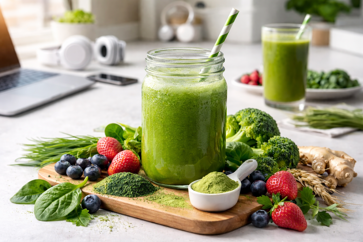 A mason jar of bright green super greens drink surrounded by fresh ingredients like spinach, broccoli, berries, and green powder on a kitchen counter, with a laptop, headphones, and smartphone blurred in the background.