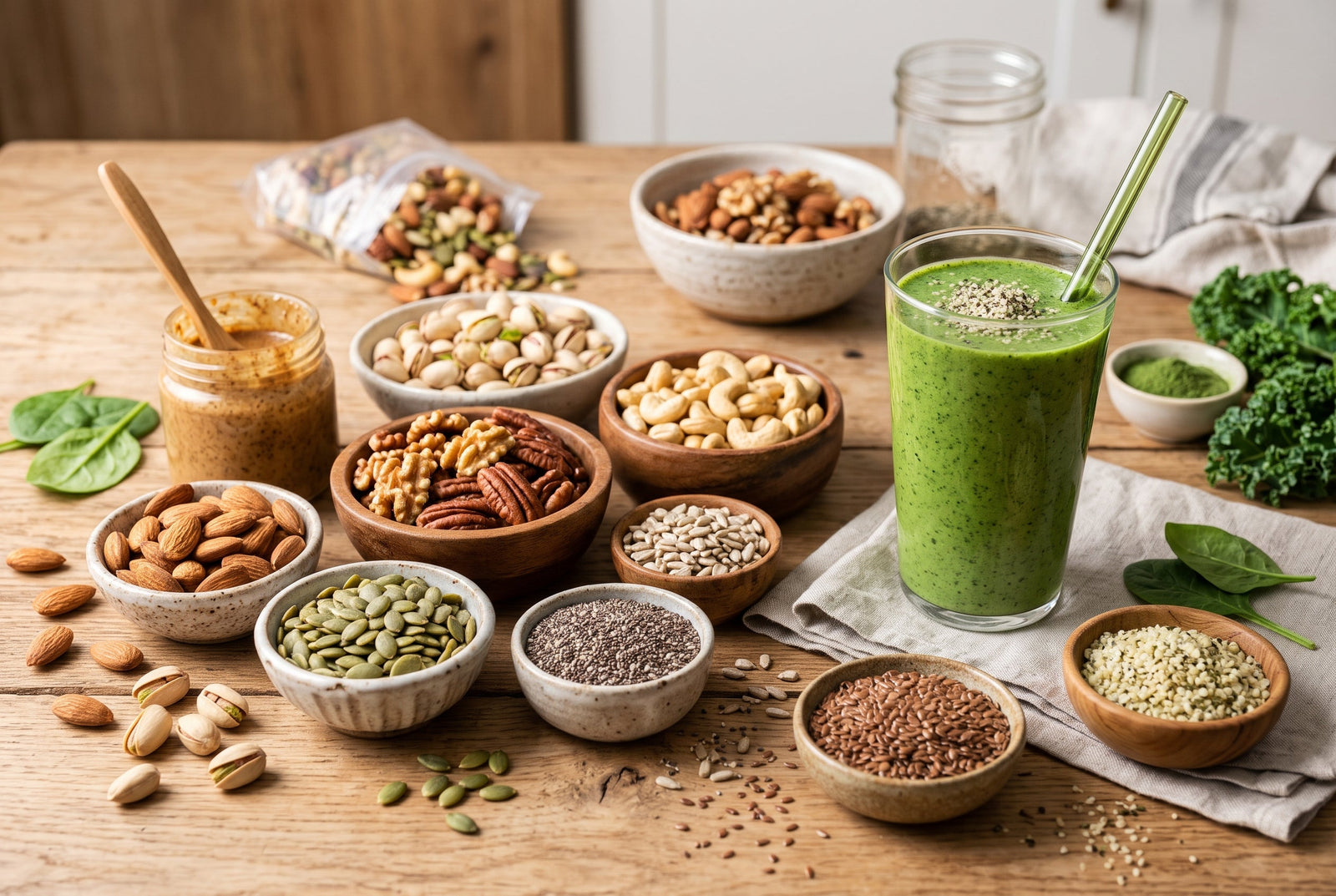 A vibrant wooden table arranged with small bowls of various nuts, seeds, and nut butter surrounding a tall glass of green smoothie with a straw.