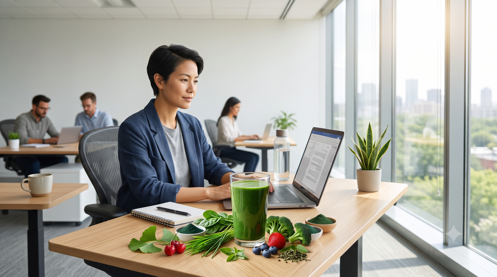 A business professional works at her desk with a green smoothie and healthy foods in a bright office, accompanied by other colleagues.