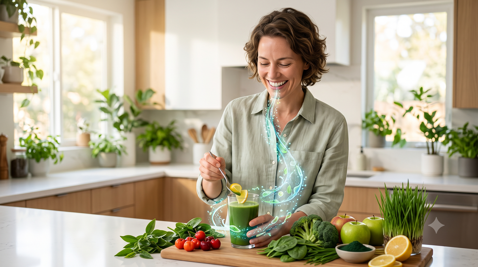 A smiling adult prepares a vibrant supergreens drink in a bright kitchen, accompanied by fresh ingredients like broccoli and citrus slices and an abstract glowing visualization that illustrates the oral-gut microbiome connection.