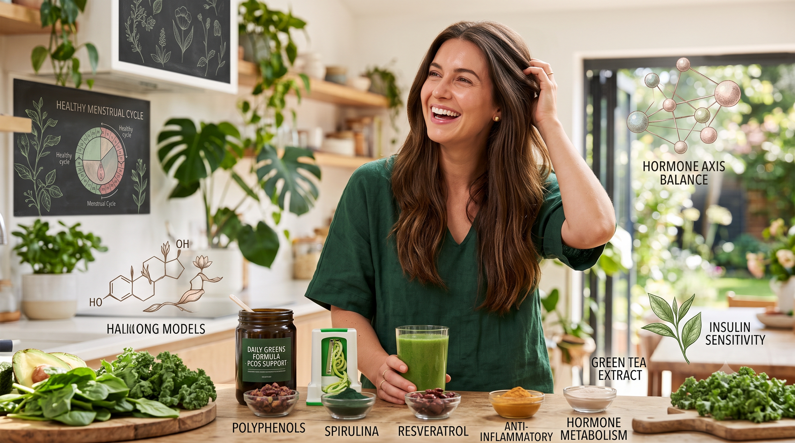 A woman wearing a green shirt smiling in a bright, modern kitchen, holding a glass of green smoothie, surrounded by fresh leafy greens, small bowls of plant ingredients.