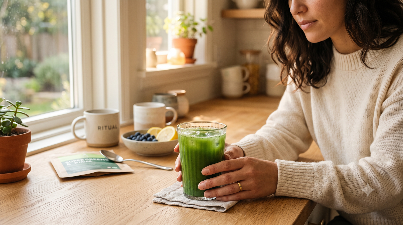 A woman in a cozy sweater sits at a warm, sunlit kitchen counter holding a glass of vibrant green super greens drink.