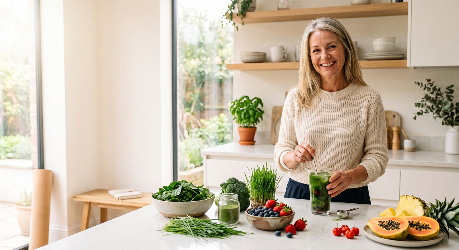 An elegant woman in her mid-40s smiles in a bright, modern kitchen while mixing a glass of super greens smoothie surrounded by fresh, vibrant whole fruits and leafy vegetables on the counter.