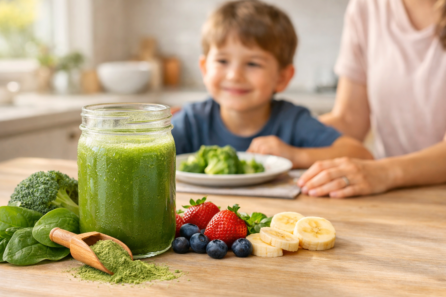 A smiling child sits at a kitchen table with untouched broccoli while a vibrant green super greens smoothie in a mason jar, surrounded by fresh spinach, berries, banana slices, and a scoop of green powder, is displayed in the foreground.