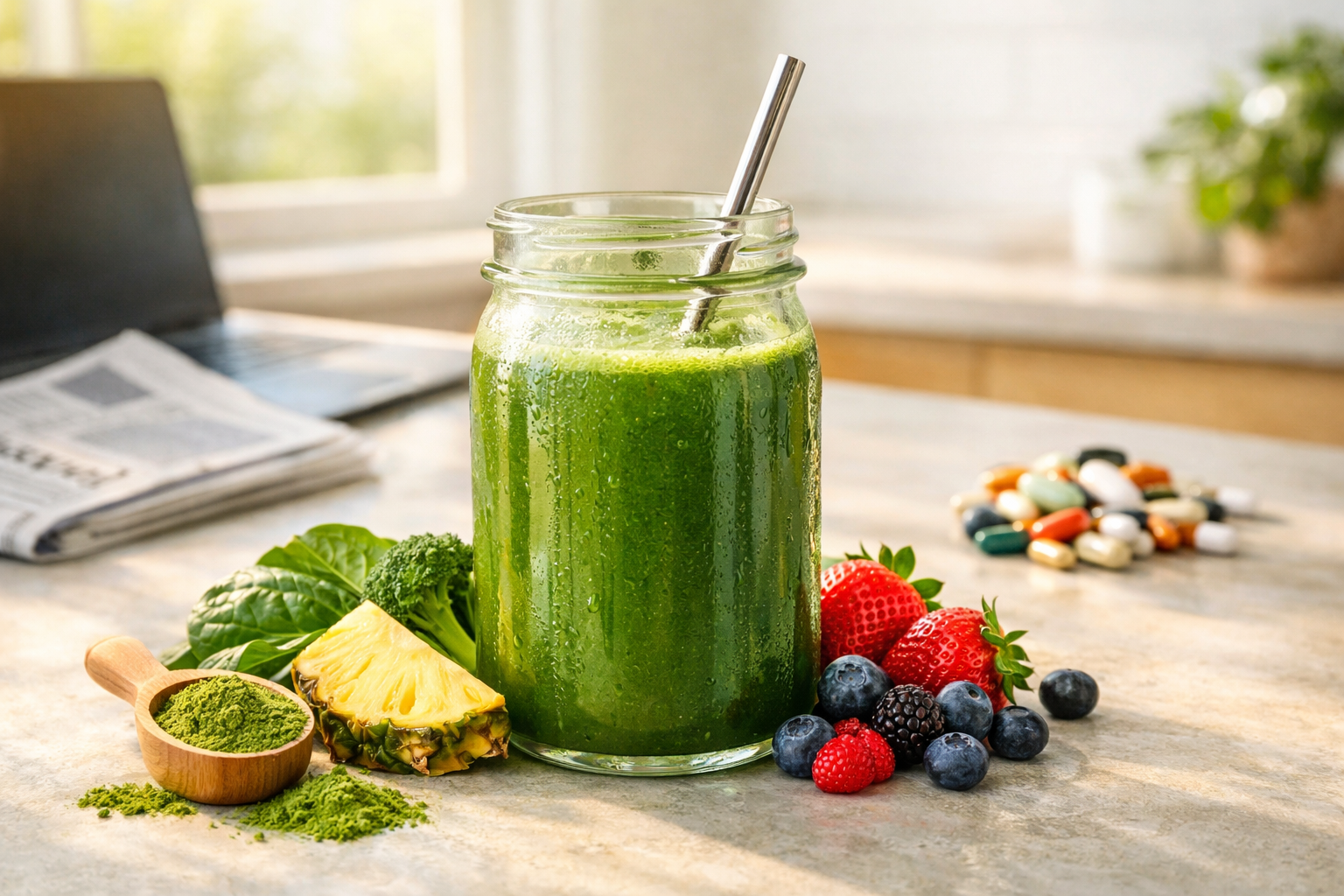 A kitchen featuring a mason jar of super greens drink with a spoon, surrounded by fresh pineapple, leafy greens, berries, a scoop of green powder, and a pile of vitamin pills in the background.