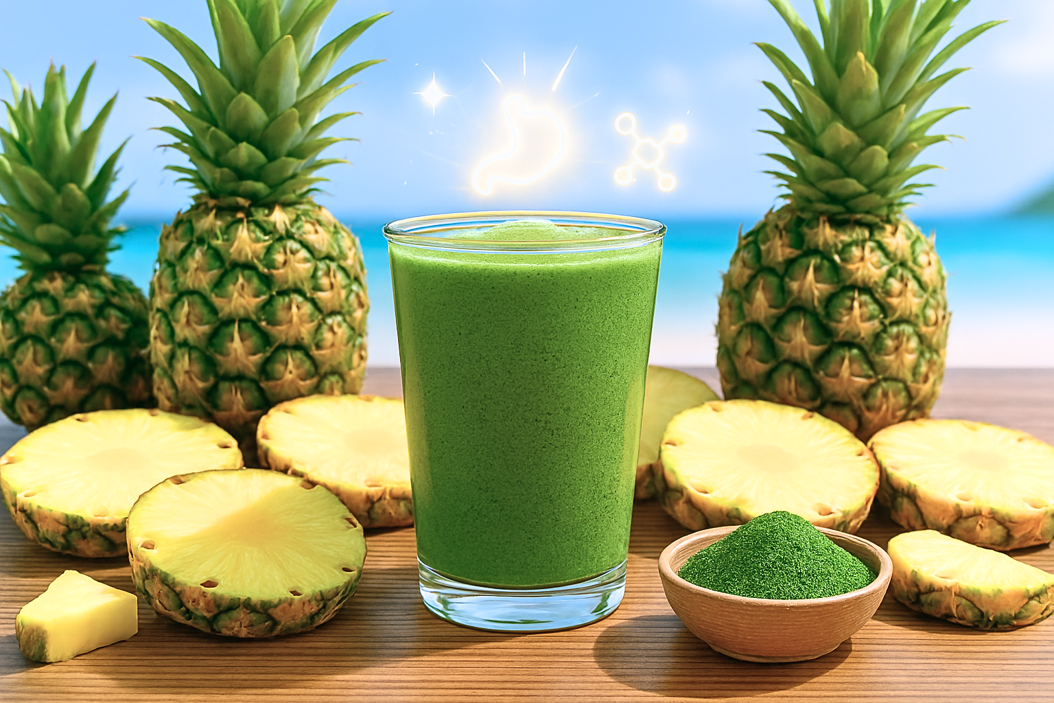 A green smoothie in a clear glass sits on a wooden table surrounded by fresh pineapple slices, whole pineapples, and a small bowl of super greens powder, with glowing wellness icons and a tropical beach in the background.