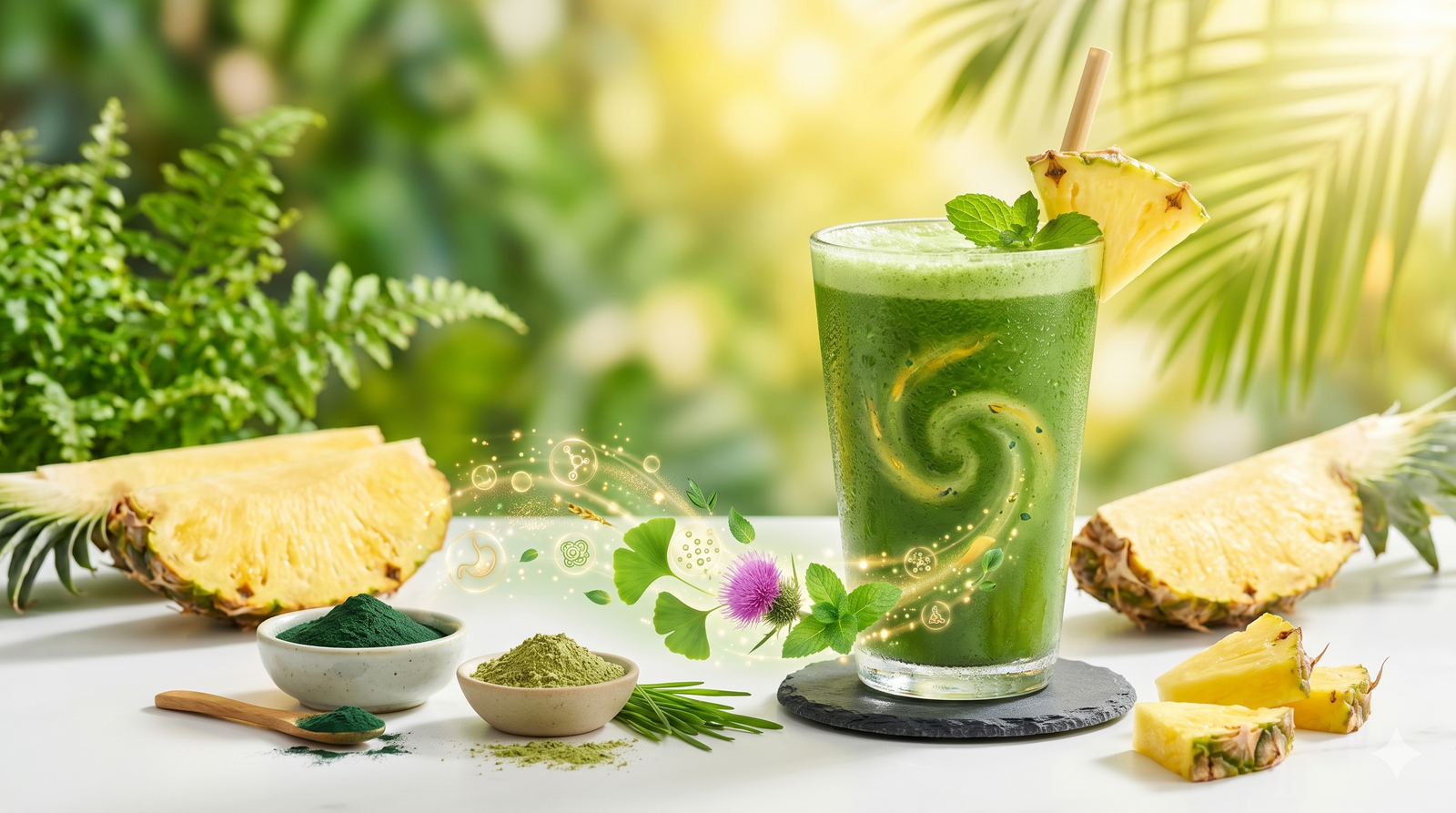 A super greens smoothie swirls with pineapple in a glass surrounded by fresh pineapple slices and nutrient-rich botanicals on a sunlit counter, with glowing particles and enzyme symbols.
