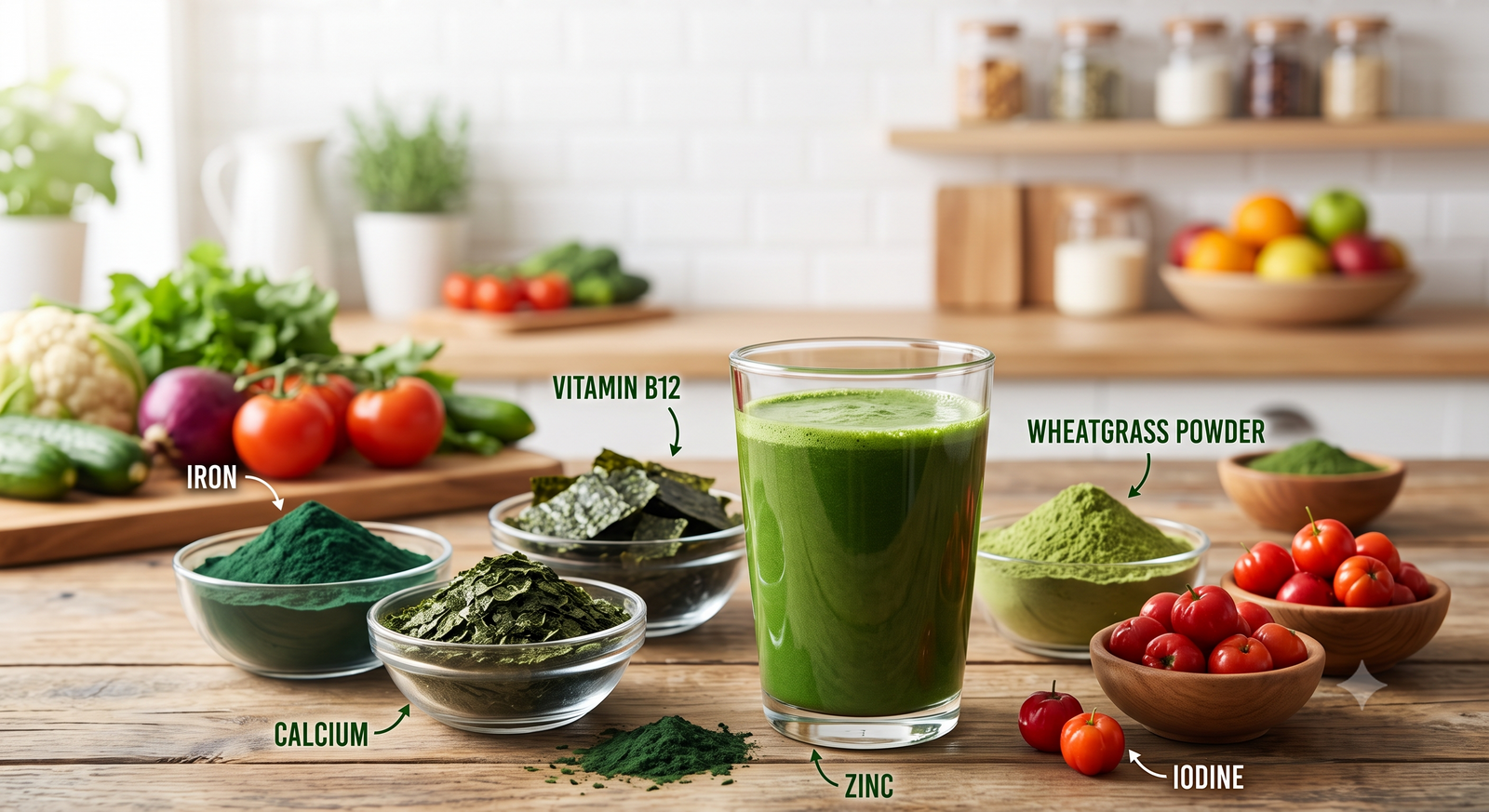 A vibrant glass of green smoothie sits on a wooden kitchen table surrounded by bowls of superfood powders, nori seaweed, and fresh produce, with clean text labels pointing out key nutrients like iron, zinc, and vitamin B12.
