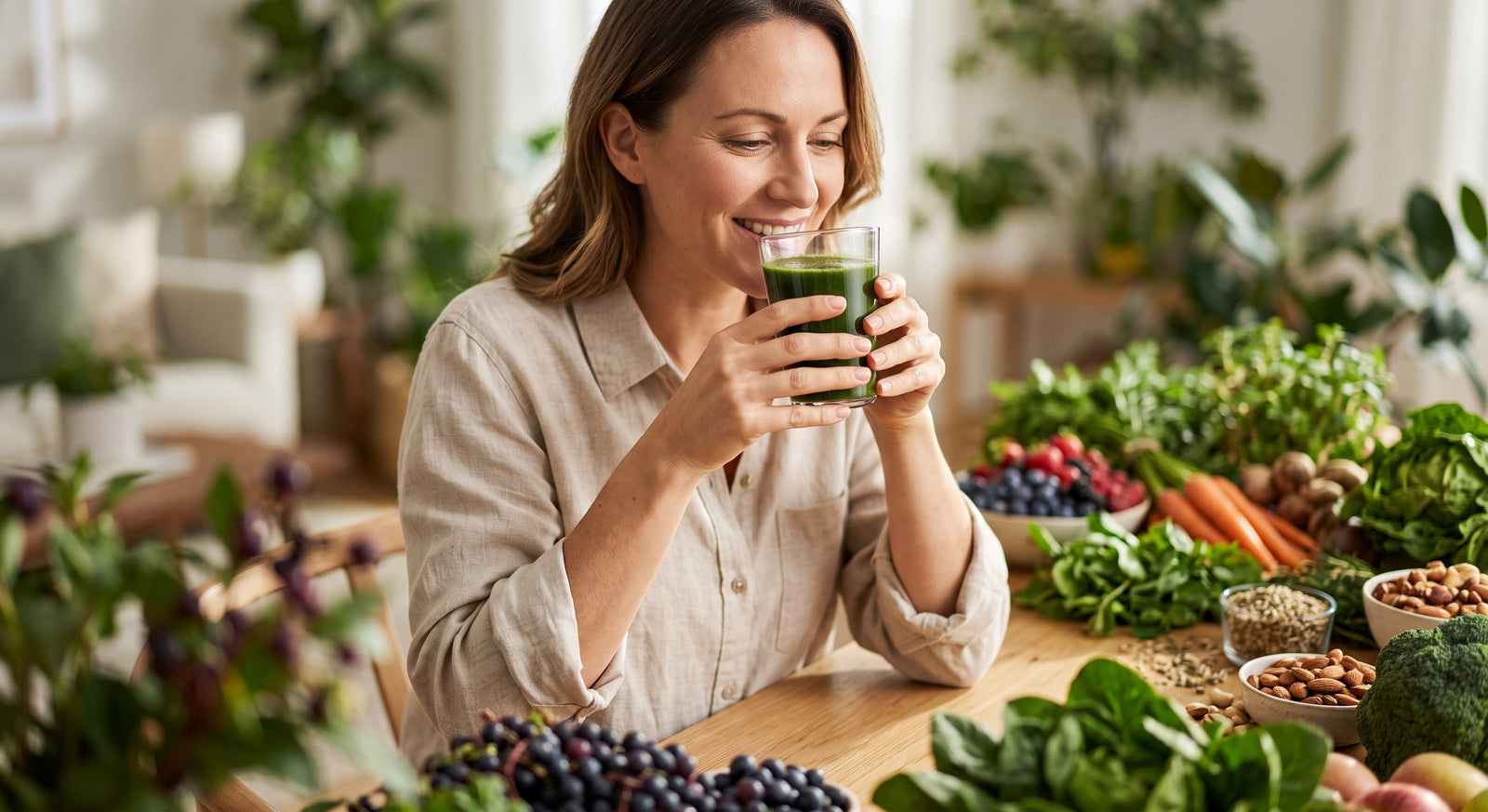 A woman smiles as she drinks a vibrant green superfood smoothie at a wooden dining table surrounded by a colorful array of fresh fruits, vegetables, nuts, and herbs.