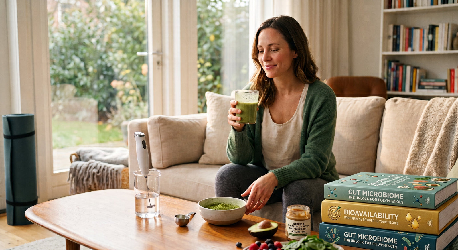 A woman sits in a sunlit living room enjoying a fresh green drink, surrounded by healthy ingredients like avocado and berries paired with nutritional science books on bioavailability.