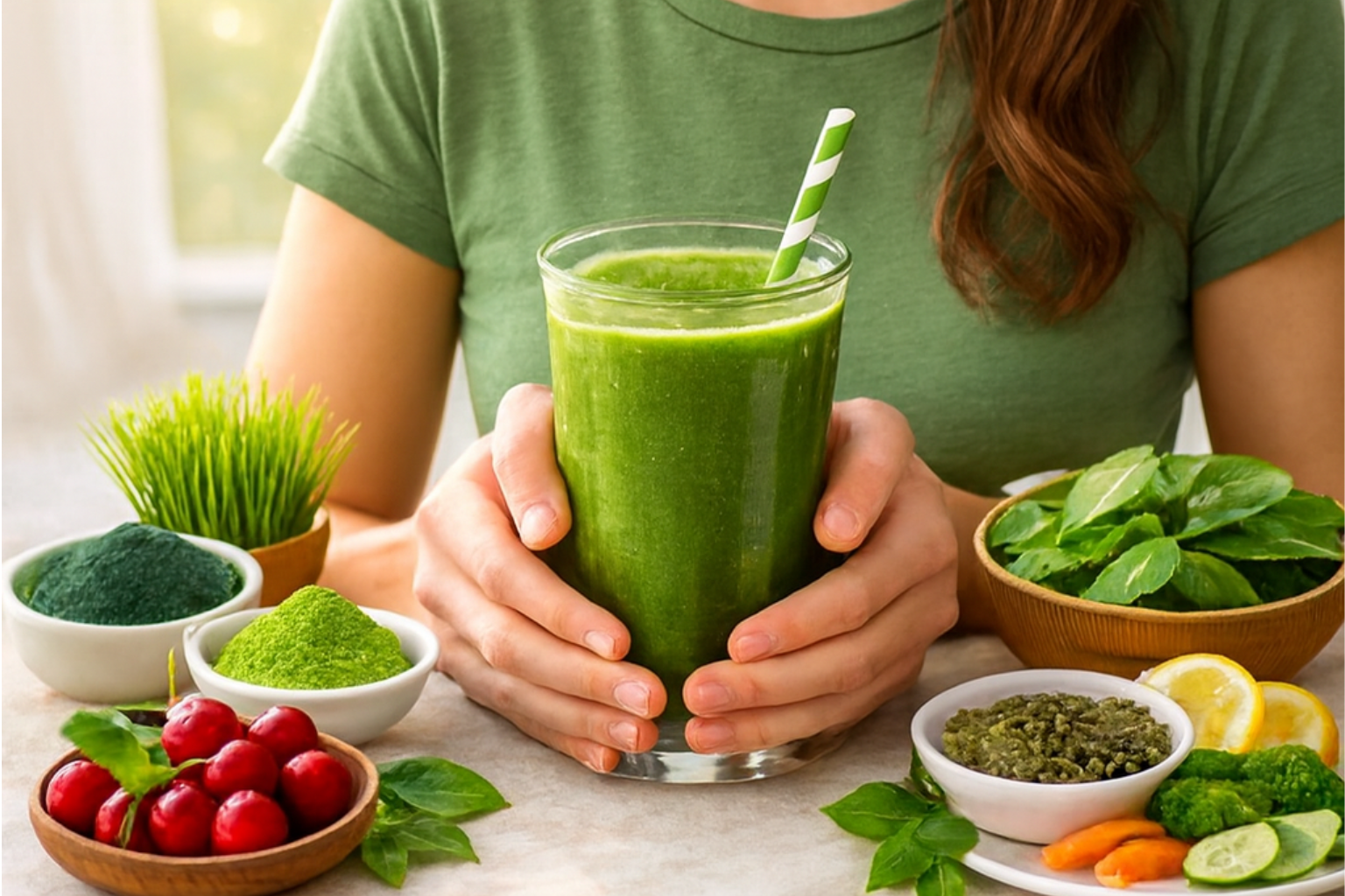 A person holds a clear glass of green smoothie with both hands, surrounded by bowls of spirulina powder, barley grass, wheatgrass, spinach leaves, acerola cherries, sliced lemon, cucumber, carrot, and broccoli.