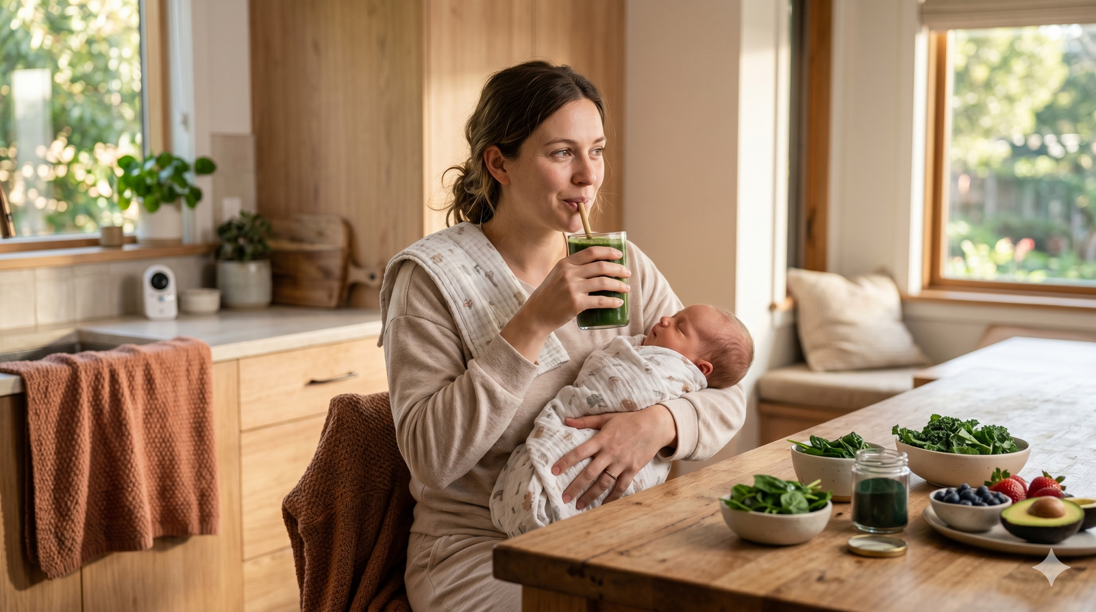 A peaceful new mother in postpartum recovery drinks a green smoothie while cradling her sleeping newborn baby in a sunlit kitchen filled with fresh greens and berries.