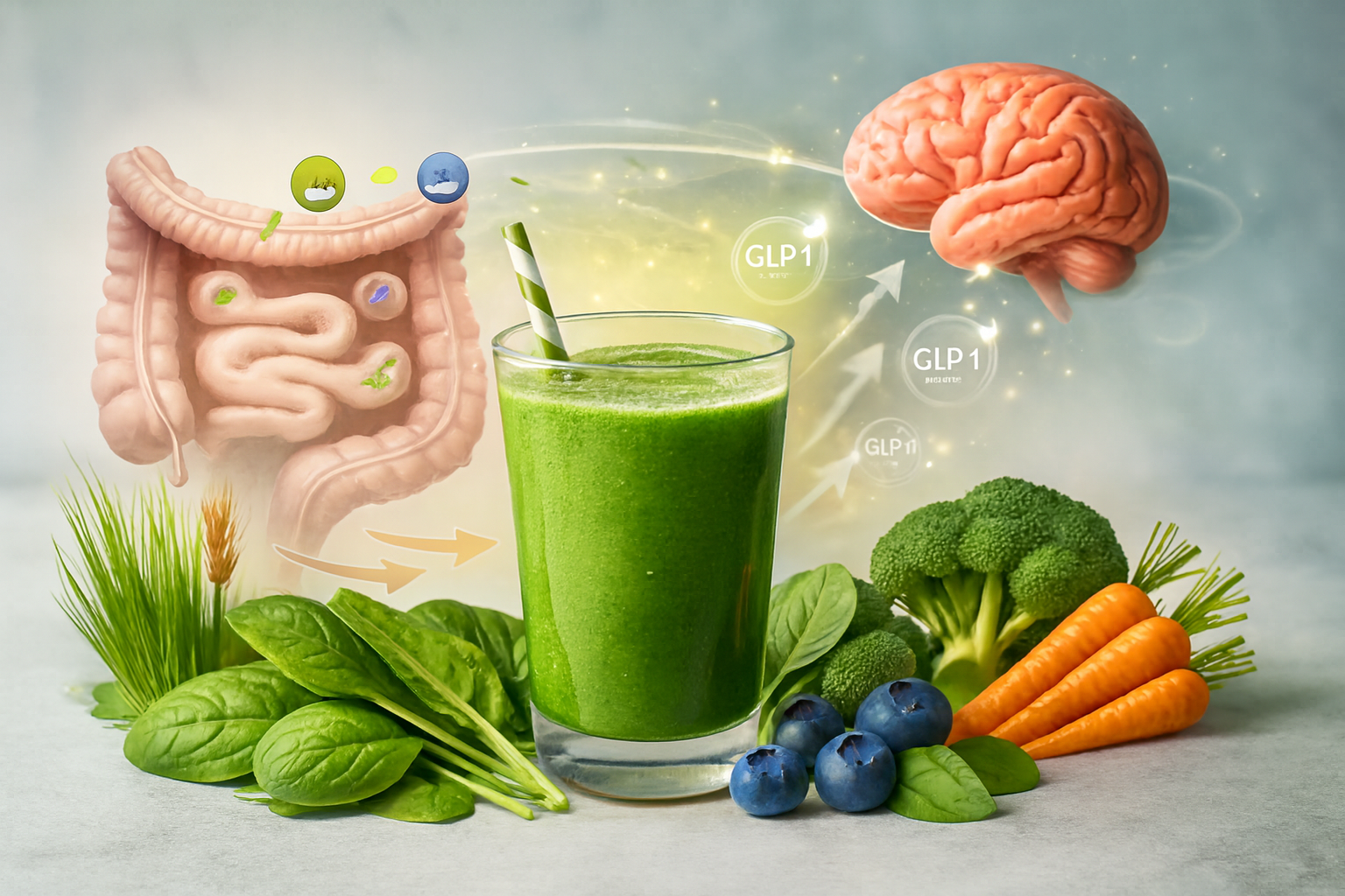 Realistic photo showing a green smoothie surrounded by fresh produce, with 3D gut and brain linked by GLP-1 arrows.