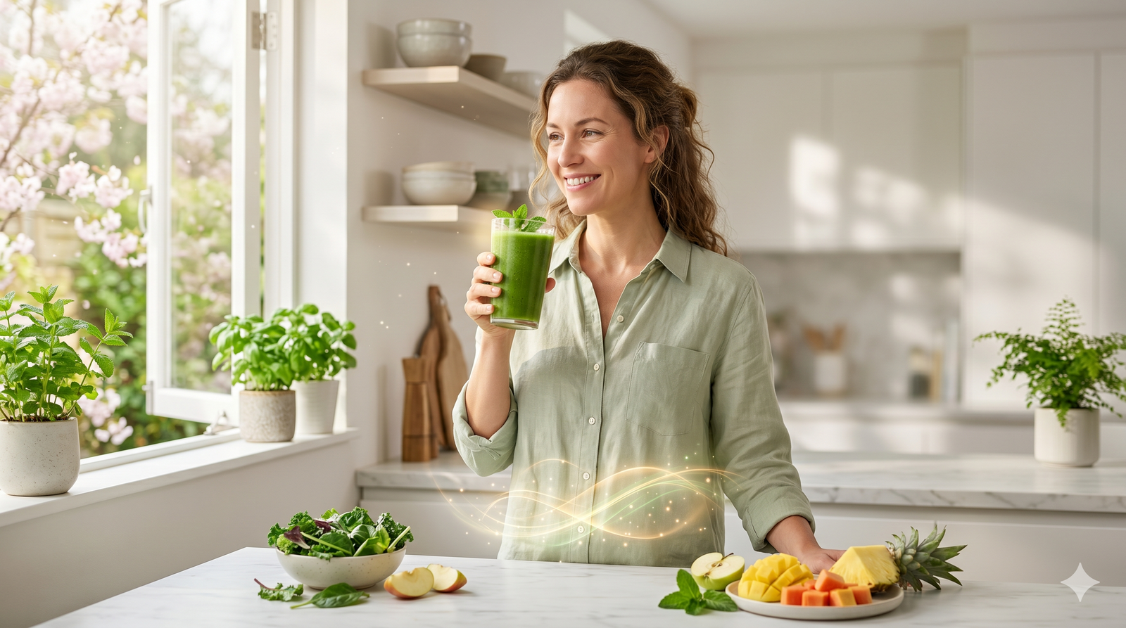 A woman stands in a bright, modern kitchen and smiles as she holds up a glass of green smoothie, with a glowing abstract energy graphic symbolizing gut health visible around her midsection.