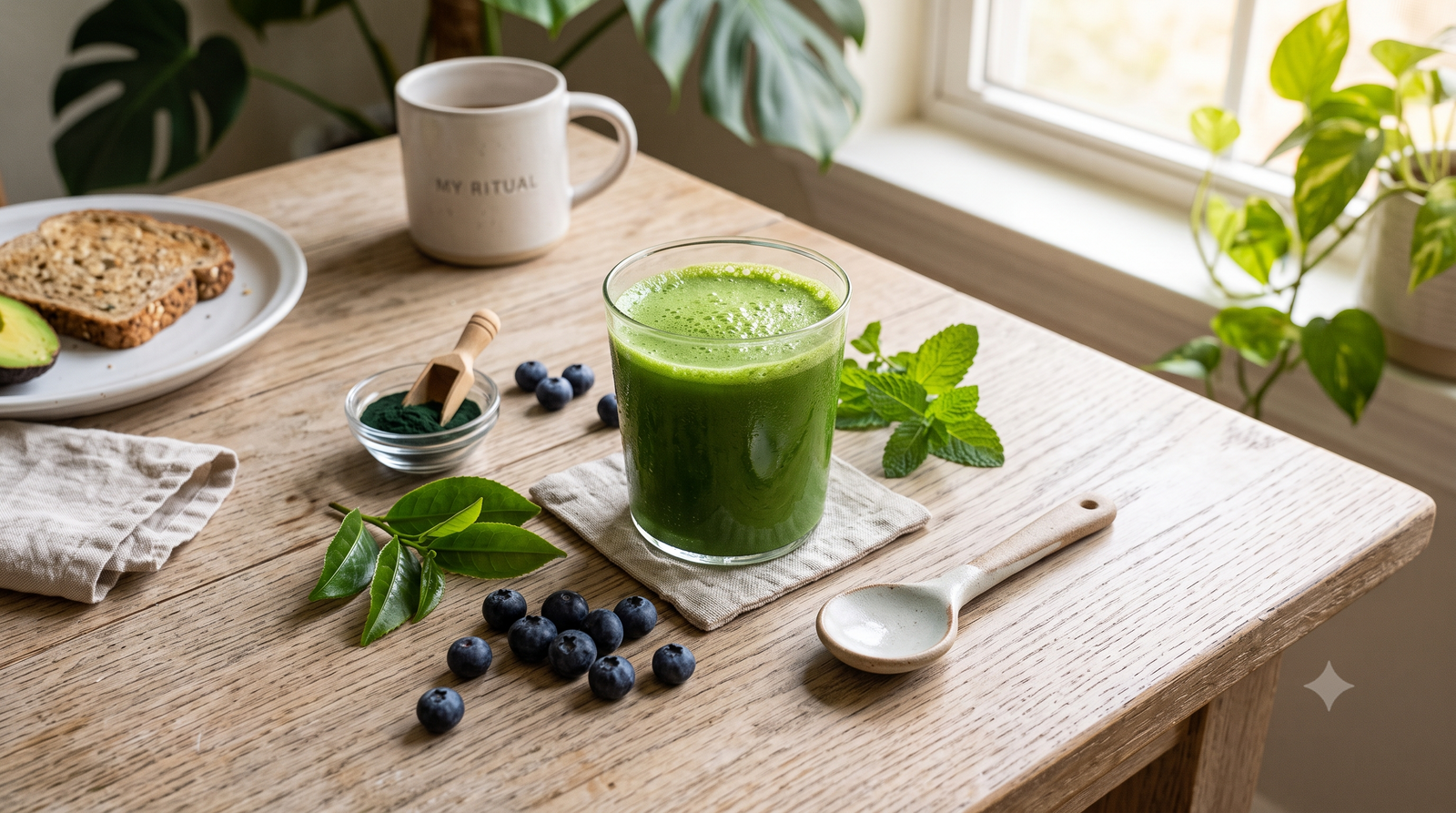 A frosted glass of vibrant green juice sits on a sunlit wooden table alongside blueberries, green tea leaves, spirulina powder, and a ceramic spoon.