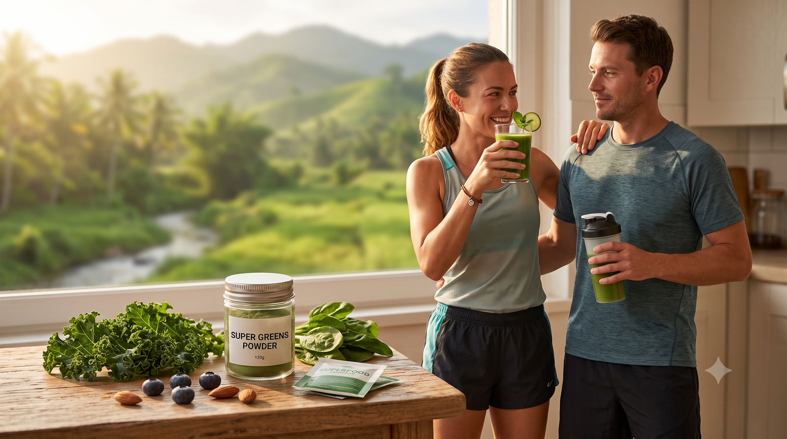 An active couple in workout clothes smiling together in a sunlit kitchen with scenic outdoor views, holding green superfood drinks next to a counter with fresh kale, spinach, and a glass jar labeled "Super Greens Powder."