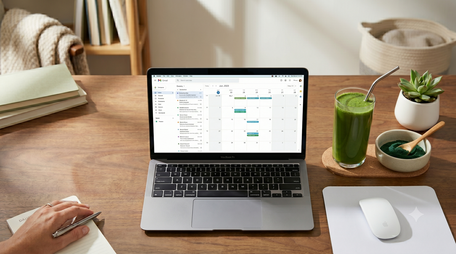A high-angle lifestyle photograph of a clean wooden desk setup featuring an open laptop, a hand writing in a notebook, and a vibrant glass of green smoothie sitting on a cork coaster next to a small bowl of super greens powder.