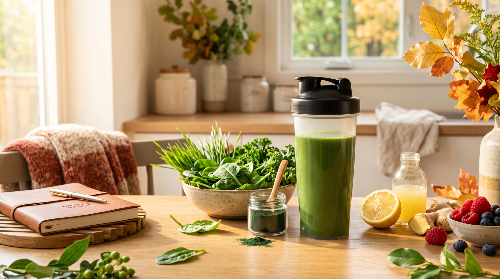 A clear shaker bottle filled with a vibrant green superfood drink is positioned on a light wooden counter surrounded by a bowl of fresh leafy greens, spirulina powder, lemon, berries, and a leather-bound journal, all bathed in soft, golden morning light.