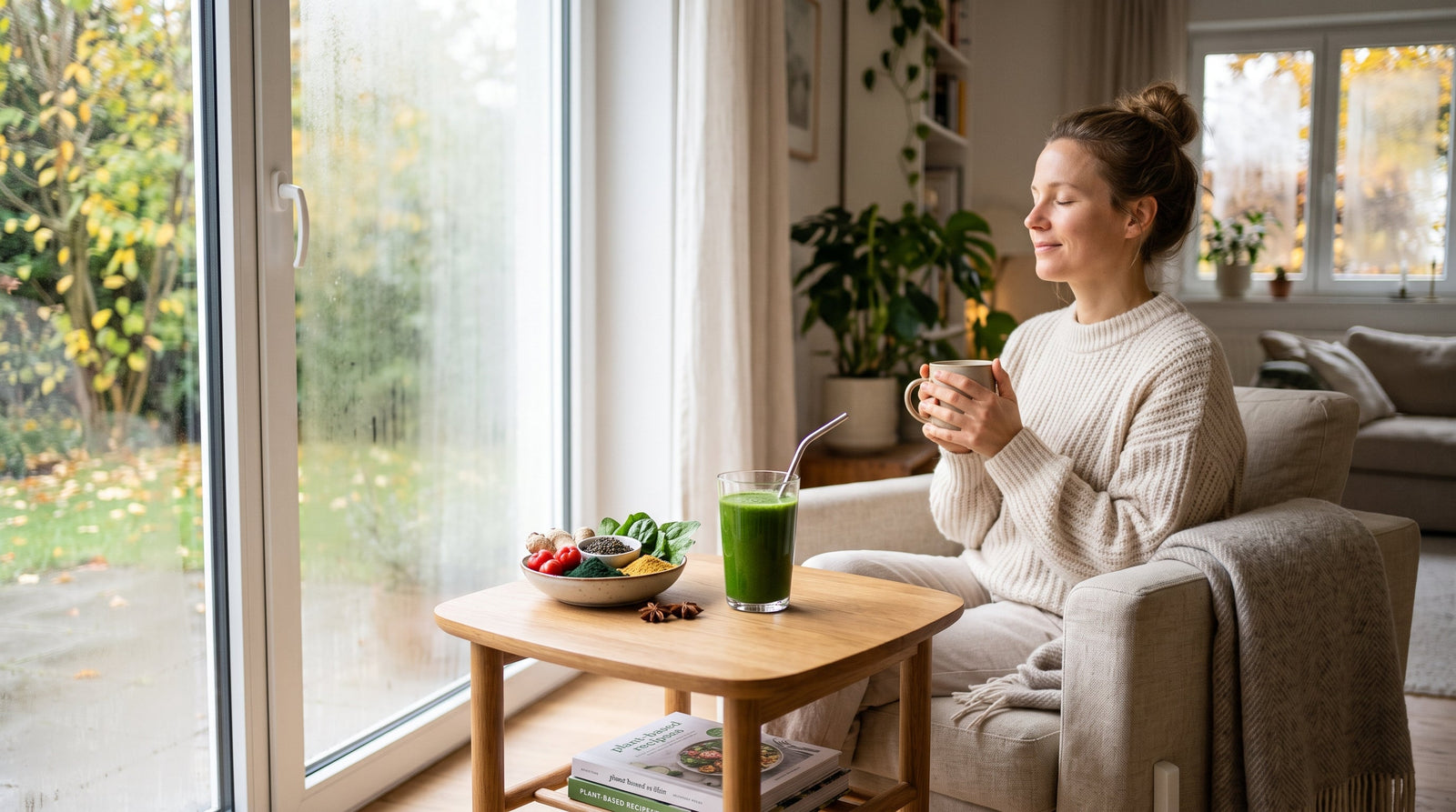 A woman sits comfortably indoors during autumn, enjoying a glass of vibrant green smoothie and warm tea near a bright window surrounded by fresh botanicals and ingredients.