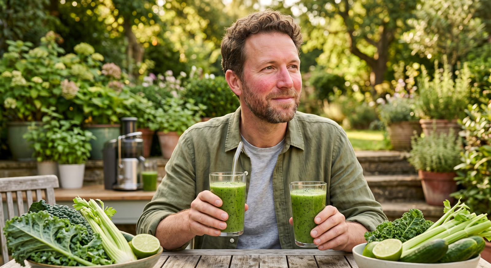 A man sits at an outdoor table with fresh green ingredients and holds two glasses of green juice.