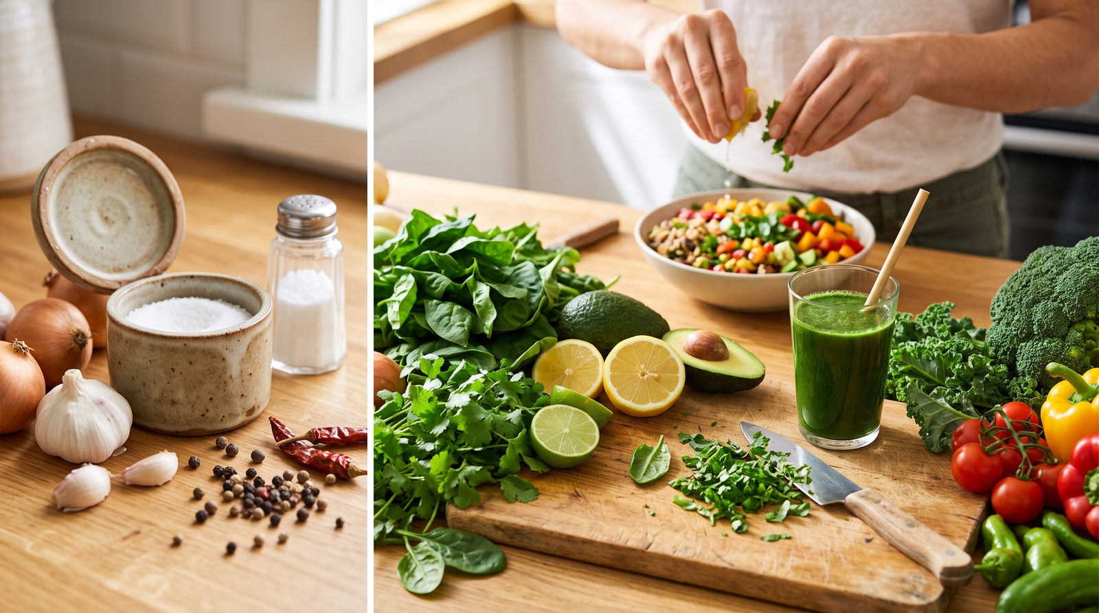 A split-screen hero image featuring a low-sodium kitchen theme, showing a salt cellar and spices on the left, and a bright assortment of fresh greens, citrus, vegetables, and a super greens smoothie on the right.
