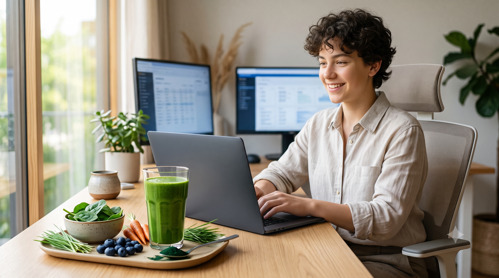 A smiling teenager sits at a modern desk working on a laptop, with a super greens drink and fresh ingredients like spinach and blueberries in the foreground to represent eye health in the digital age.