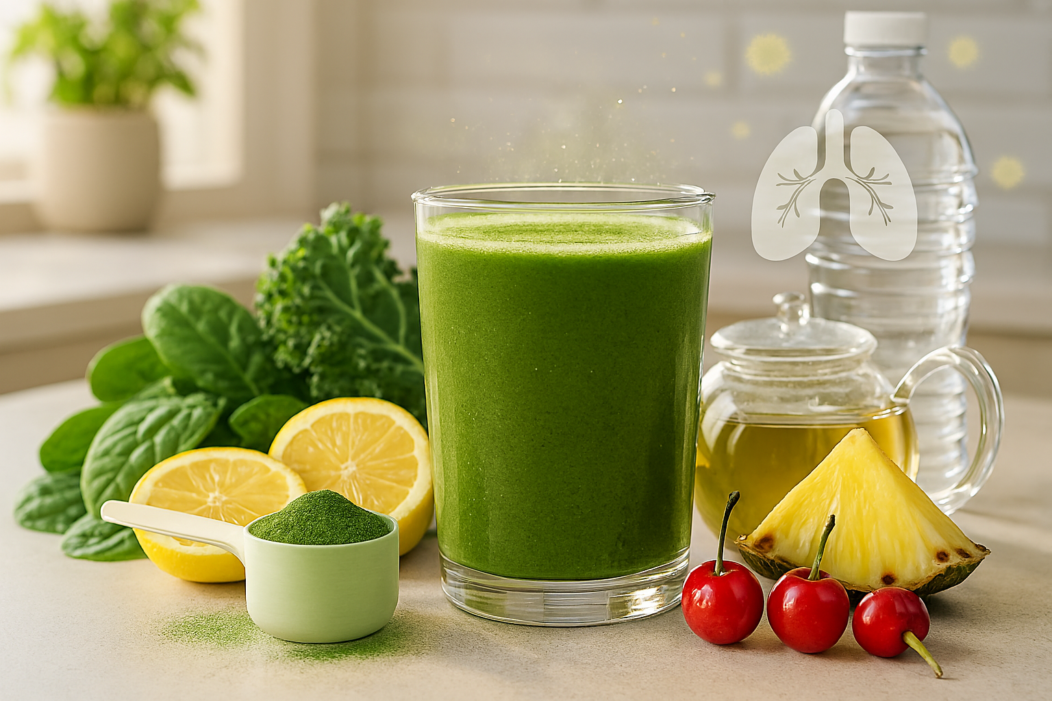 A glass of green smoothie on a kitchen counter surrounded by spinach, kale, lemon slices, acerola cherries, pineapple, super greens powder, a pot of green tea, and a bottle of water with a lungs icon and pollen particles in the background.