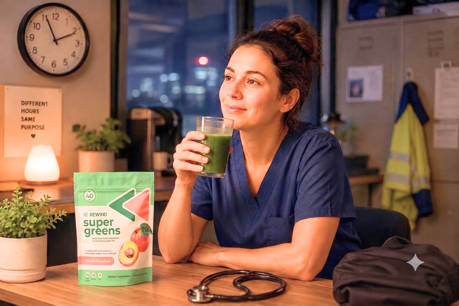 A healthcare worker sits at a desk during a night shift, holding a glass of green juice next to a stethoscope and a bag of "Rewind Super Greens Peach Paradise" powder.