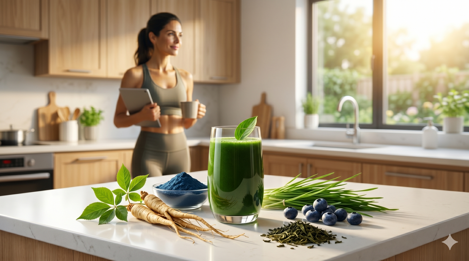 A greens drink sits on a modern kitchen counter alongside Siberian ginseng and fresh superfoods, while a focused athlete stands in the background.