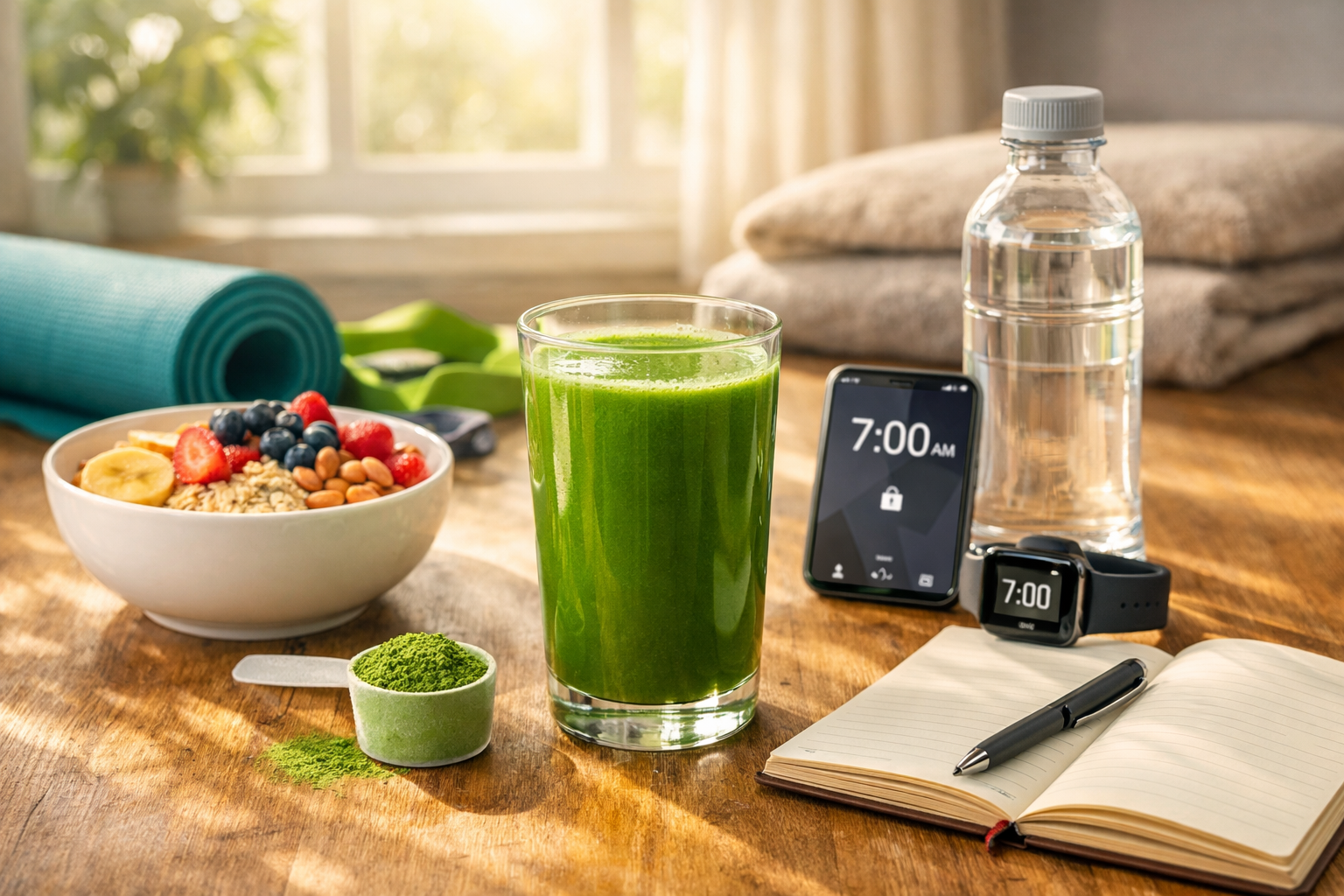 A glass of super greens drink on a sunlit wooden table surrounded by oats with fruit, a water bottle, yoga mat, resistance bands, journal, and a phone showing 7:00 AM to represent a healthy morning routine.