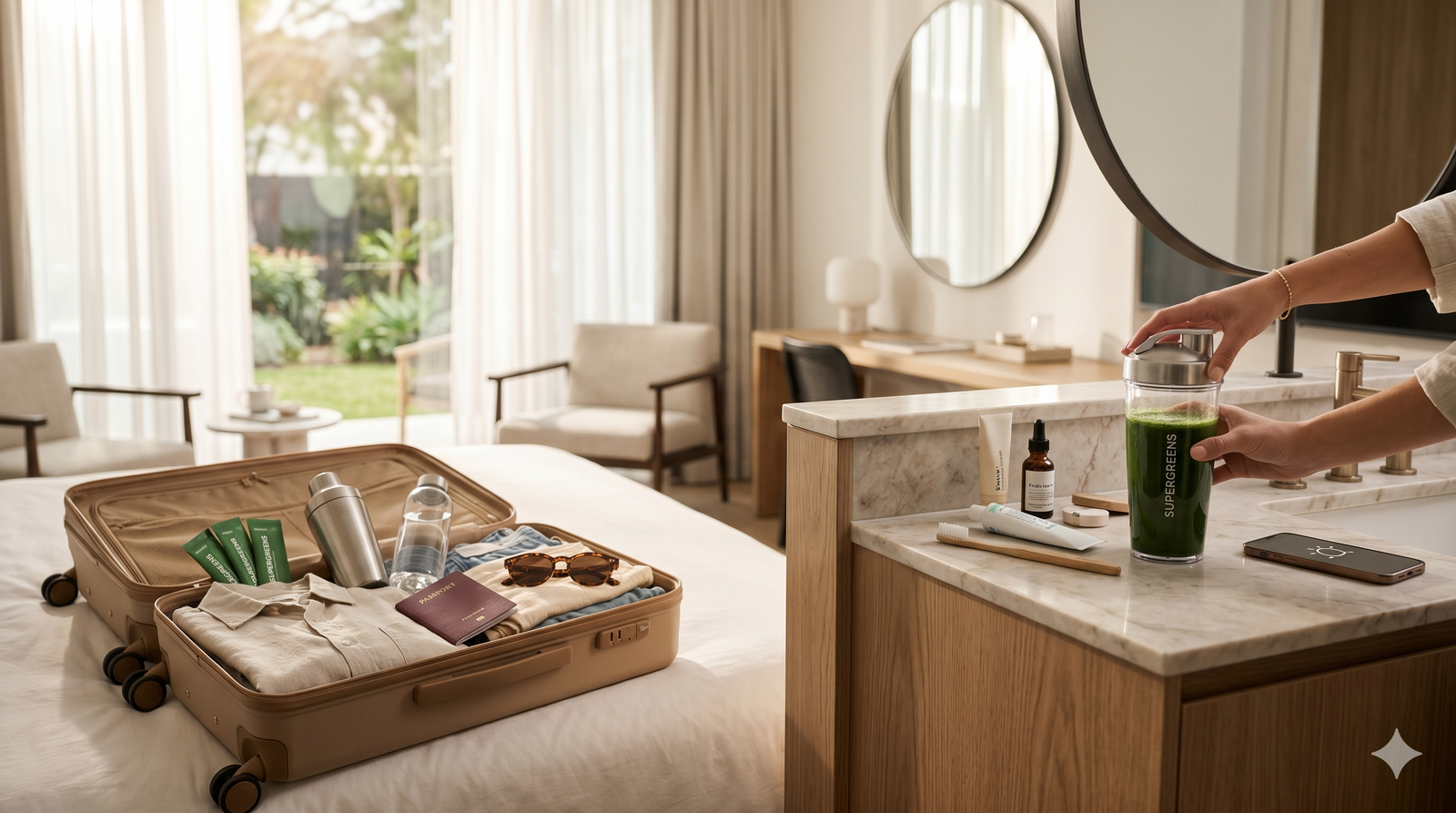 A traveler in a bright hotel room mixes a green super greens drink on a marble vanity next to her open suitcase filled with summer essentials.