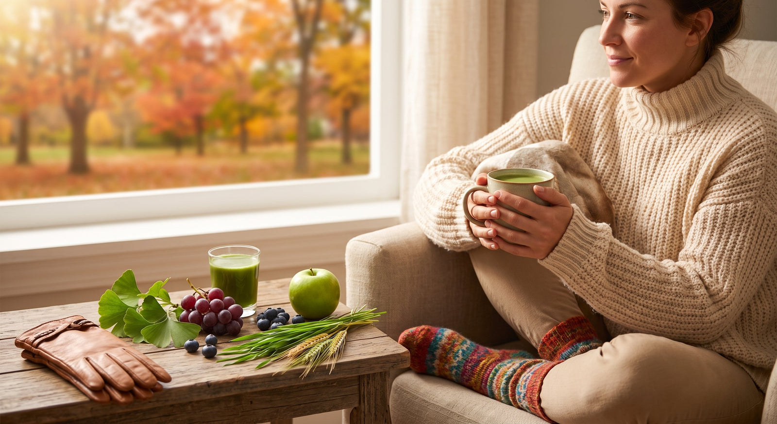 A woman in a cozy sweater and patterned socks sits in an armchair, holding a mug of green juice next to a table with fresh fruit and ginkgo leaves, with a vibrant autumn view outside the window.