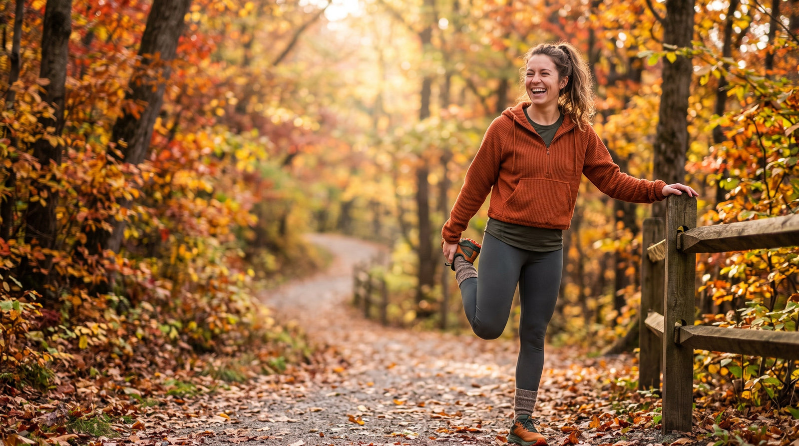 A woman in warm athletic layers stretches her leg while resting a hand on a wooden fence along a crisp, foliage-filled autumn trail.