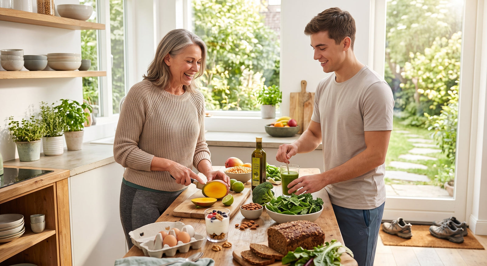 An active, mature couple prepares a bone-healthy meal featuring fresh leafy greens, salmon, yogurt, and a green drink in a bright, modern kitchen.