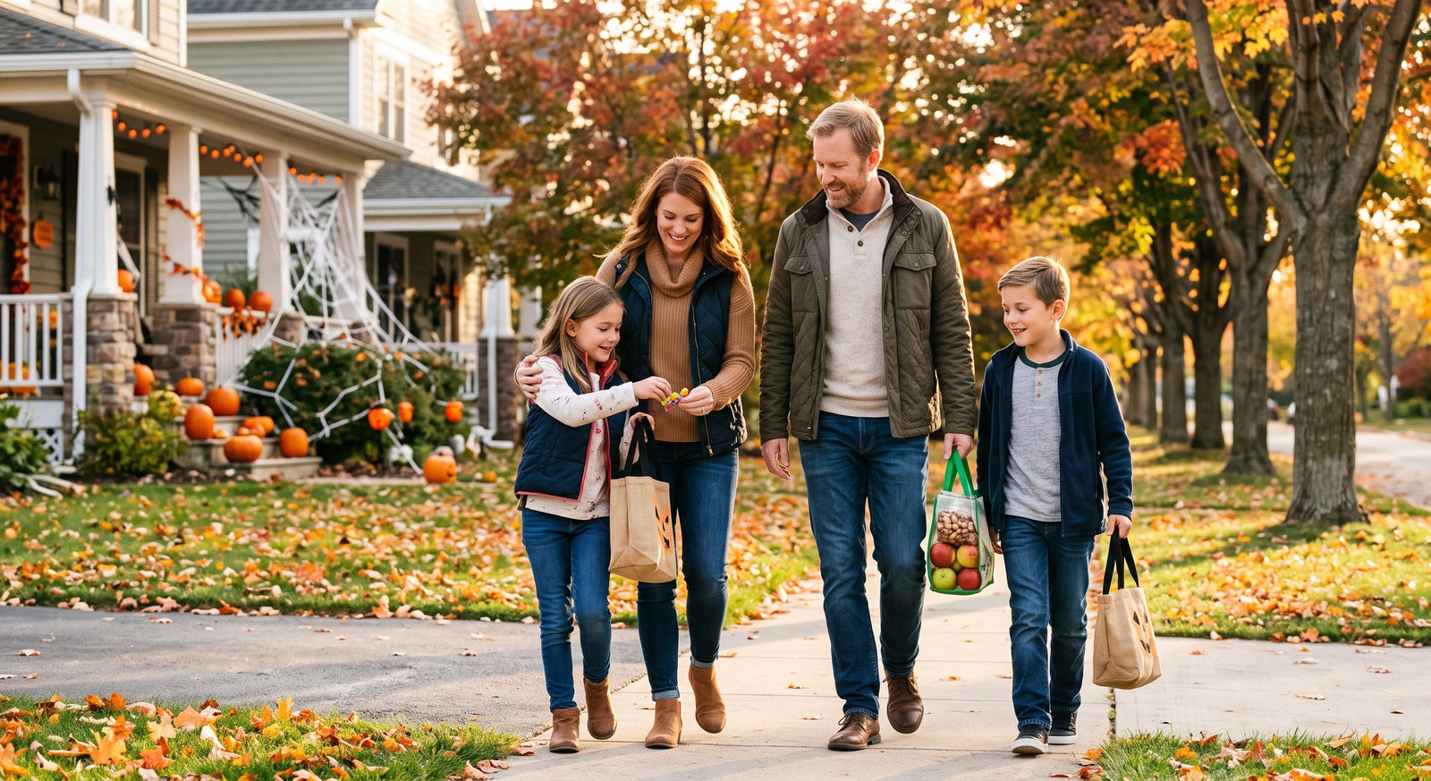 A happy family taking a stroll through a decorated neighborhood on a crisp fall day, holding treat bags after Halloween festivities.