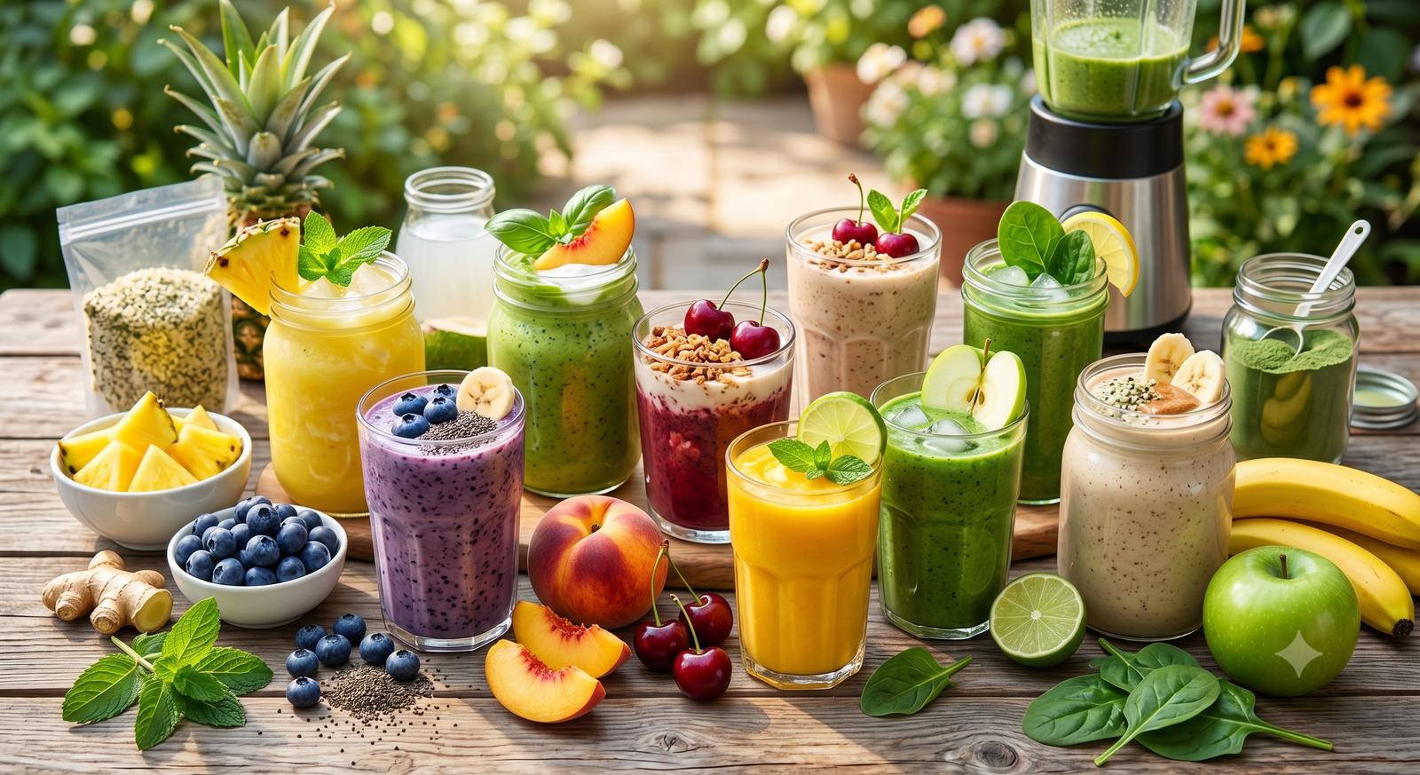 A vibrant variety of seven colorful summer greens smoothies in assorted glasses are beautifully arranged on a rustic wooden table alongside fresh fruits, spinach, and a blender in a sunlit outdoor garden setting.