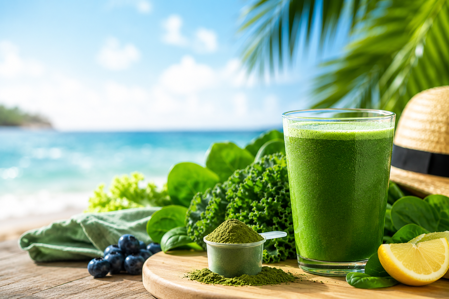 A bright tropical beach scene featuring a chilled green super greens drink surrounded by fresh leafy greens, blueberries, and lemon slices, symbolizing natural energy and summer wellness.