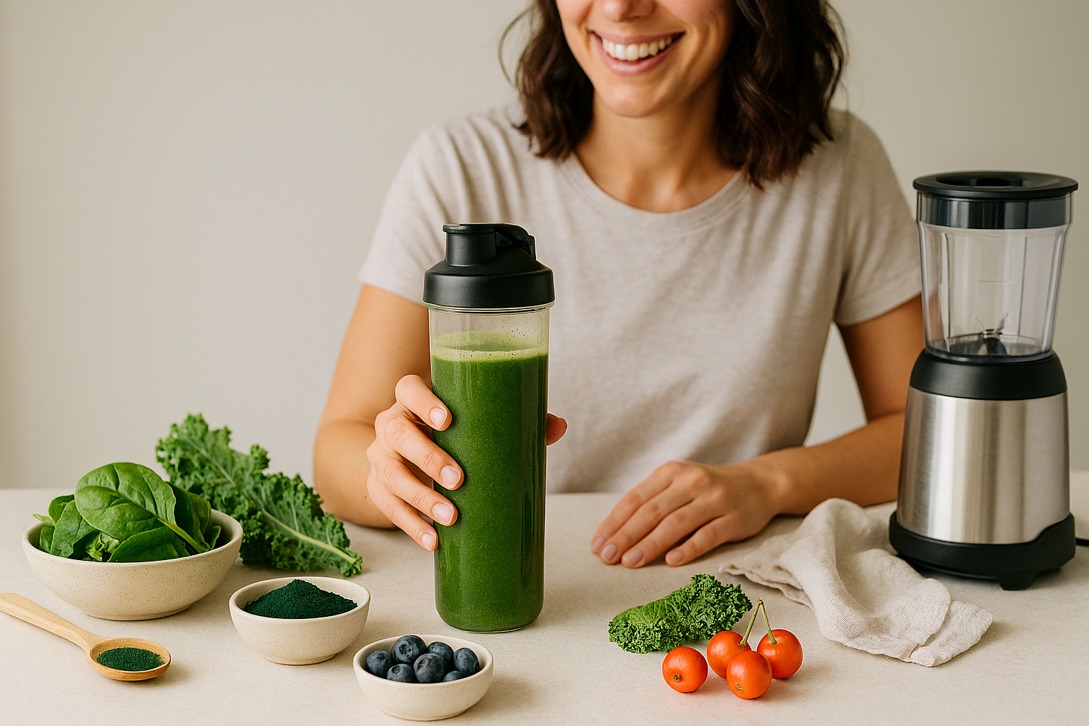 A smiling woman holding a green super greens drink in a  shaker bottle, surrounded by fresh ingredients neutral countertop with a blender and linen napkin.